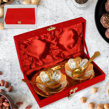 5in1 Gold Silver Plated 2 Bowl 2 Spoon Tray Set Brass with Red Velvet Gift Box Serving Dry Fruits Desserts Gift - Super Bachat