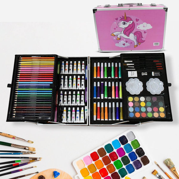 17980 Professional Art Set-Drawing Painting Sketching Coloring Kids Set All in 1 Art Case Perfect for Kids with Unicorn Design Case, Shading Crayons Oil Pastels Color Set Watercolor Cakes Paint Brush Sharpener Eraser (145 Pcs Set) - Super Bachat