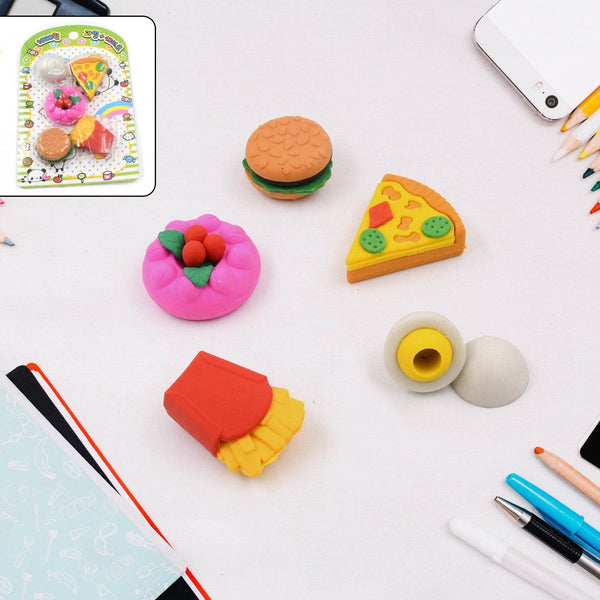 3D Food Shape Fancy & Stylish Colorful Erasers, Mini Eraser Creative Cute Novelty Eraser for Children Eraser Set for Return Gift, Birthday Party, School Prize(5 Pcs Set) - Super Bachat
