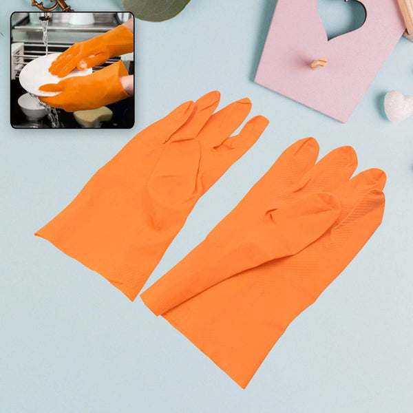 Multipurpose Rubber Reusable Cleaning Gloves, Reusable Rubber Hand Gloves I Latex Safety Gloves I for Washing I Cleaning Kitchen I Gardening I Sanitation I Wet and Dry Use Orange Gloves (1 Pair 40 Gm) - Super Bachat