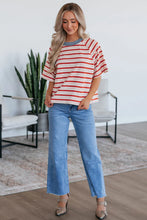 Tomato Red Stripe Print Contrast Collar Raglan Sleeve T Shirt