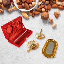 5in1 Gold Silver Plated 2 Bowl 2 Spoon Tray Set Brass with Red Velvet Gift Box Serving Dry Fruits Desserts Gift - Super Bachat