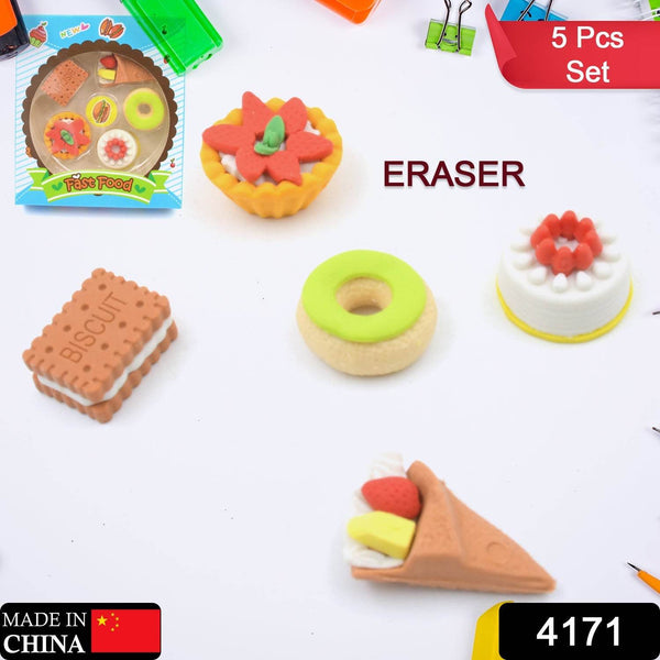 3D Fast Food Fancy & Stylish Colorful Erasers, Mini Eraser Creative Cute Novelty Eraser for Children Different Designs Eraser Set for Return Gift, Birthday Party, School Prize, Fast Food Set Eraser ( 5 pc Set ) - Super Bachat