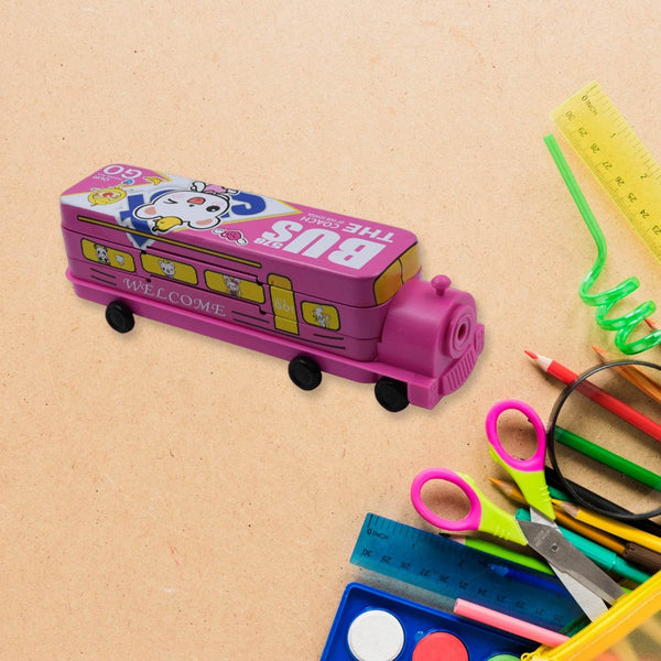 Double Decker Magic Bus Compass 2 Layer Metal Bus Compass Case with Movable Wheels & Sharpener Bus Shape with Tiers Metal Box for Kids Birthday Party - Super Bachat