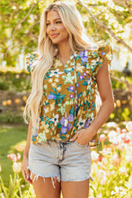 Yellow Floral Print Tiered Flutter Sleeve V Neck Top
