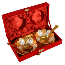 5in1 Gold Silver Plated 2 Bowl 2 Spoon Tray Set Brass with Red Velvet Gift Box Serving Dry Fruits Desserts Gift - Super Bachat