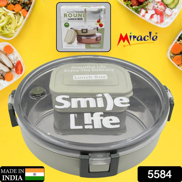 Miracle Stainless Steel Round Lunch Box, with Small Plastic Box Insert Leak Proof Lunch Box with Transparent lid, Lunch Box for Kids & Adults for School, Office (450 ML + 250 ML Approx) - Super Bachat