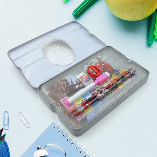 Big Cartoon Printed Metal Compass Box, Pencil Case With Sharpner, Eraser, Pencil, Marker & Scale for Kids Stationery Compass Box, Stationery Gift for School Kids Compass, Pencil Box, Birthday Return Gift for Kids (6 Pc Set) - Super Bachat