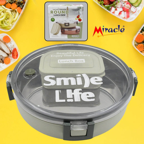 Miracle Stainless Steel Round Lunch Box, with Small Plastic Box Insert Leak Proof Lunch Box with Transparent lid, Lunch Box for Kids & Adults for School, Office (450 ML + 250 ML Approx) - Super Bachat