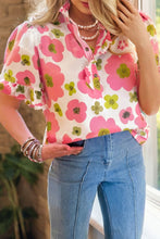 Pink Floral Ruffle Short Sleeve Striped Buttoned Collar Blouse