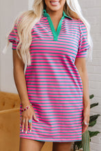 Pink Stripe Collared V Neck Puff Sleeve T Shirt Dress