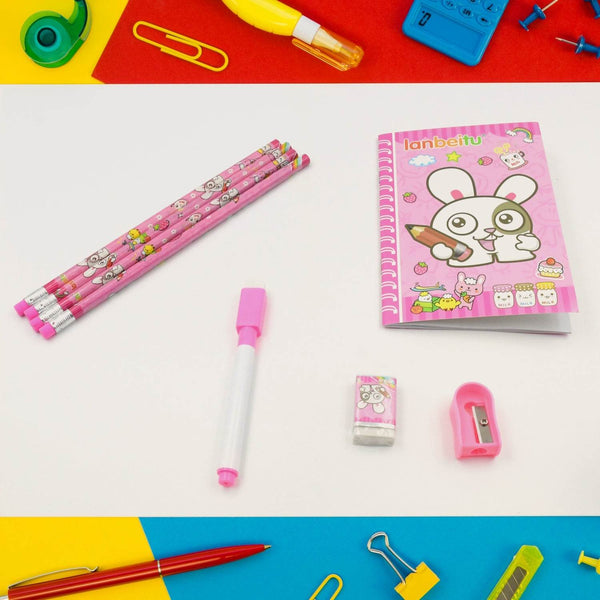 Kids' Stationery Kit: Wooden Pencils, Sharpener, Eraser, Diary (8 Pc Set) - Super Bachat