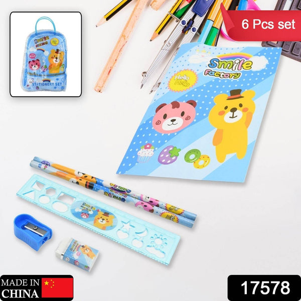 Stationery Kit for Kids - Stationery Set, Includes Wooden Pencil, Sharpener, Pencil and Eraser Set, Birthday Return Gift for Kids, Boys, Girls, 2 Pencil, 1 Scale, 1 Notebook,1 Sharpener, 1 Eraser & With Zip Bag (6 Pcs Set) - Super Bachat