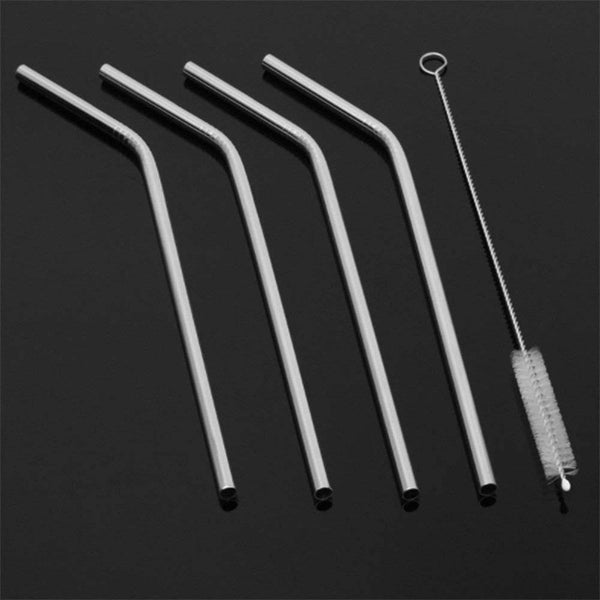 Reusable Stainless Steel Drinking Straws Bent (4 Bent Straws, 1 Brush) - Super Bachat