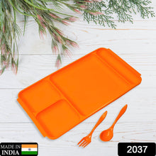 4Compartment Dish with Spoon and Fork(1 Dish Set with 1Spoon and 1Fork) Dinner Plate Plastic Compartment Plate Pav Bhaji Plate 4-Compartments Divided Plastic Food Plate. - Super Bachat