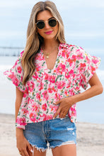 Pink Floral Boxy Fit Ruffled Short Sleeve V Neck Blouse