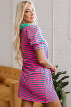 Pink Stripe Collared V Neck Puff Sleeve T Shirt Dress