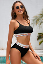 Black Textured Contrast Banding Bikini High Waist 2pcs Swimsuit