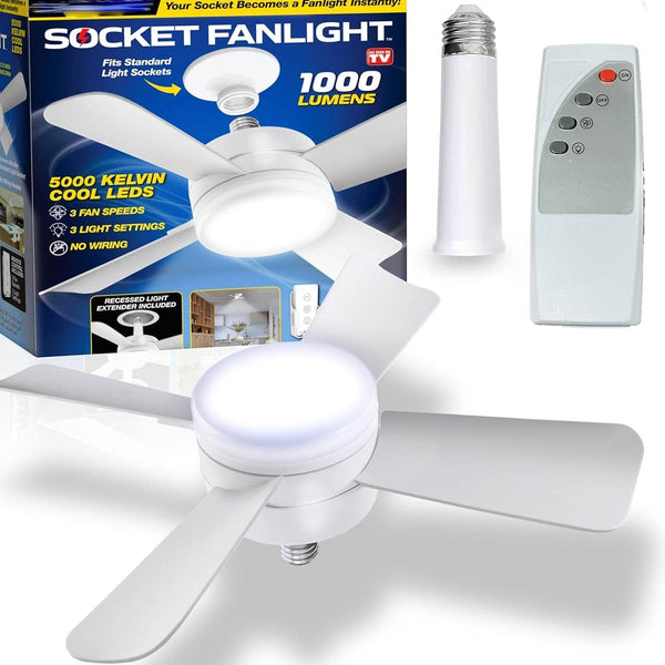Socket Fan Light Original - Cool Light LED – Ceiling Fans with Lights and Remote Control, Replacement for Lightbulb - Bedroom, Kitchen, Living Room,1000 Lumens / 5000 Kelvins Cool LEDs (Remote Battery Not Included) - Super Bachat