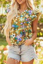 Yellow Floral Print Tiered Flutter Sleeve V Neck Top