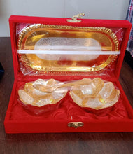 5in1 Gold Silver Plated 2 Bowl 2 Spoon Tray Set Brass with Red Velvet Gift Box Serving Dry Fruits Desserts Gift - Super Bachat