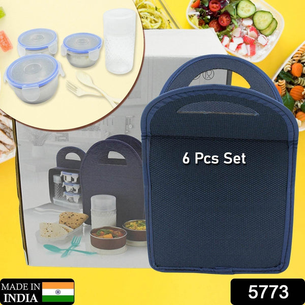 6In1 Tiffin Box-Lunch Box | 3 Stainless Steel Containers | Plastic lid Box | Spoon & Fork /Plastic Bottle | Insulated Fabric Bag | Leak Proof | Microwave Safe for Office, College and School for Men, Women (6 pcs) - Super Bachat