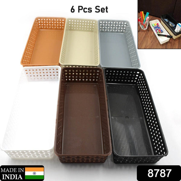 Plastic Multipurpose Desk Organizer Tray Office Drawer Dividers Storage Bins for Kitchen, Bathroom, Office, Makeup, Bedroom Dresser, Craft Basket Rack Multicolour (6 Pcs Set) - Super Bachat