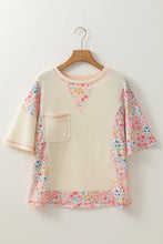 Beige Floral Patchwork Chest Pocket Wide Sleeve Waffle T Shirt