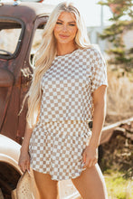 Brown Checkerboard T Shirt and High Waist Skorts 2 Piece Outfit