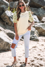 Beige Contrast Floral Bubble Sleeve Patchwork Ribbed Top
