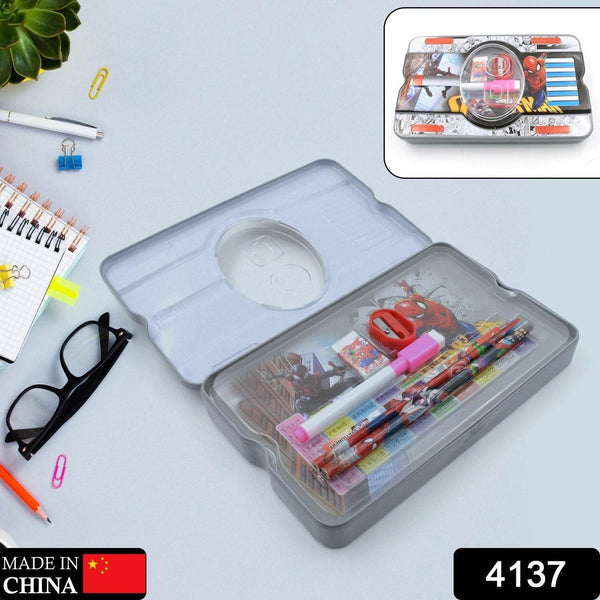 Big Cartoon Printed Metal Compass Box, Pencil Case With Sharpner, Eraser, Pencil, Marker & Scale for Kids Stationery Compass Box, Stationery Gift for School Kids Compass, Pencil Box, Birthday Return Gift for Kids (6 Pc Set) - Super Bachat