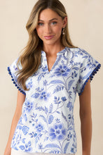 Blue Elegant Floral Print Ricrac Trim Short Sleeve Blouse