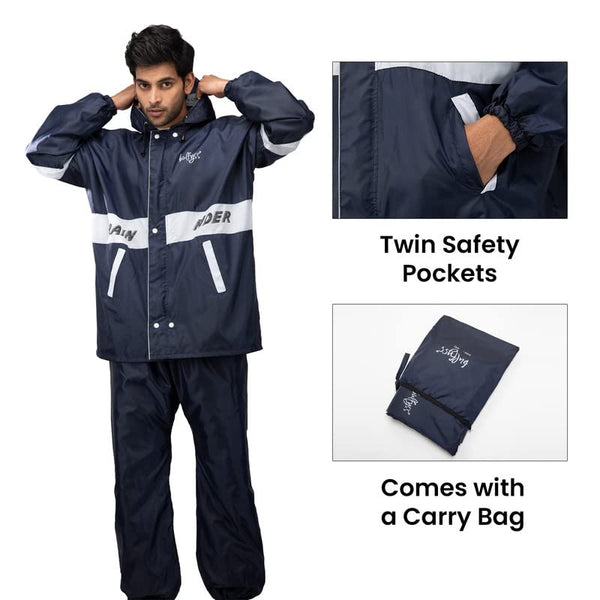 Bulfyss Raincoat 100% Waterproof Polyester Reversible Double Layer Casual Style Rain Coat For Men Bike With Pants, Adjustable Hood, Inner Mobile Pocket And Storage Bag (Blue 3Xl)