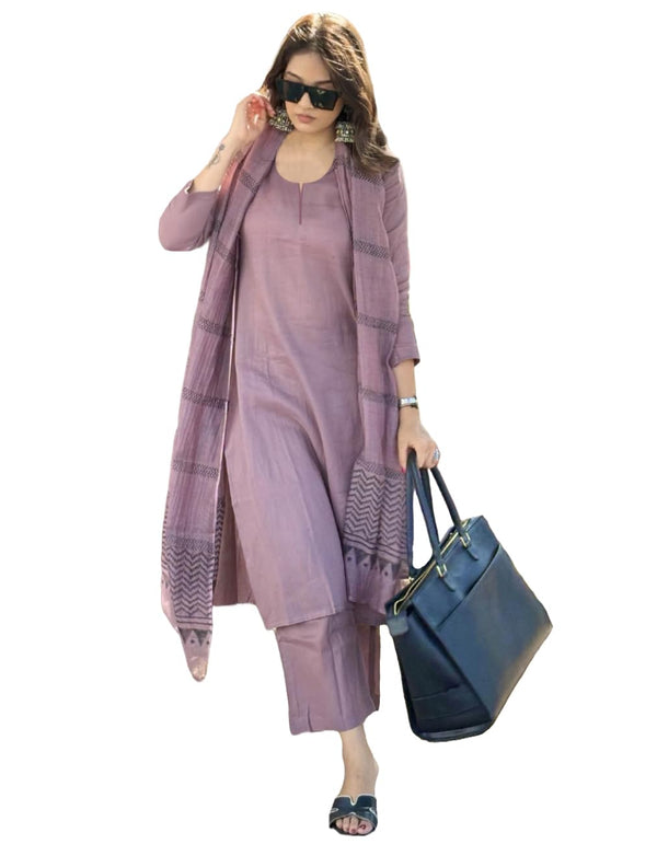 ANNI DESIGNER Women's Rayon Blend Straight Solid Kurta with Pant & Dupatta (Raja Saab Purple-VKS01_M_Purple_Medium)