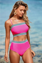 Rose Red Contrast Banding Tube Bikini High Waist 2pcs Swimsuit