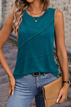 Blue Sapphire Solid Color Stitching Detail Round Neck Tank Top