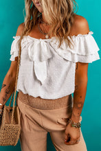 White Off Shoulder Ruffle Knotted Detail Swiss Dot Blouse