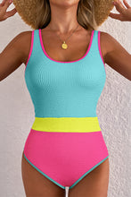 Iceland Blue Textured Color Block Patchwork One Piece Swimsuit