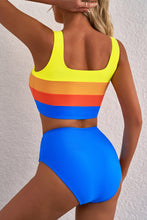 Blue Colorblock Square Neck Top Pleated High Waisted Bikini