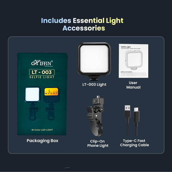 HIFFIN LT-003 Selfie Light with 3000-9000K Adjustable Color Temperature | 7W LED, 3 Light Modes (White/Warm/Natural), USB-C Charging, Portable Size for Phones, Vlogging & Video Making