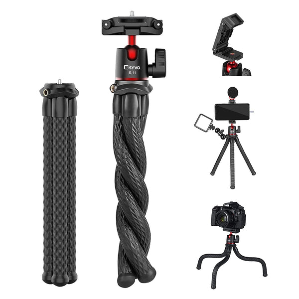 Syvo S-11 Camera Tripod, Flexible Gorilla Tripod Stand with Hidden Phone Holder w Cold Shoe Mount, 1/4'' Screw for Magic Arm, Universal for iPhone 14 13 Pro XS Max Samsung Canon Nikon Sony Cameras