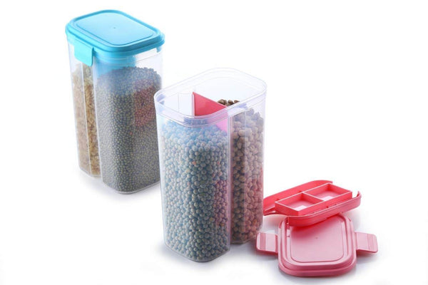 Plastic 2 Sections Air Tight Transparent Food Grain Cereal Storage Container (2 ltr) - Super Bachat