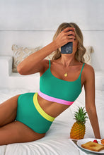 Sea Green Contrast Trim Colorblock Patchwork High Waisted Bikini