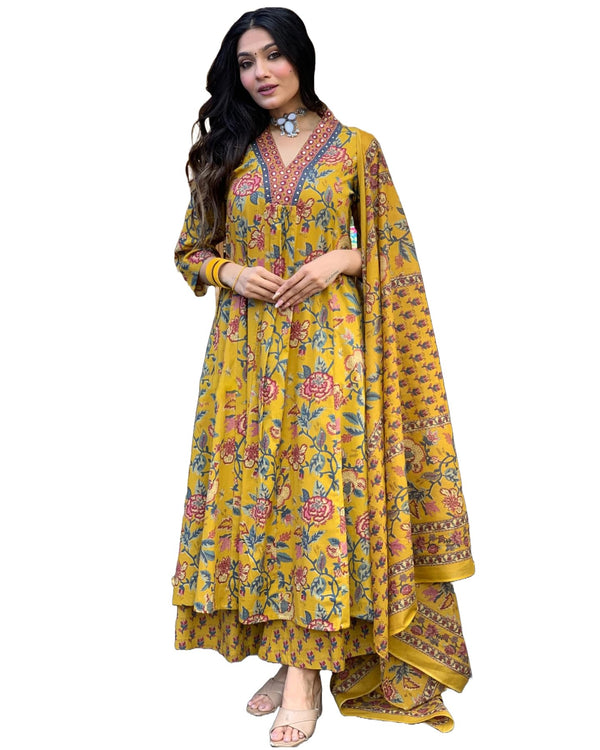 GoSriKi Women's Rayon Blend Anarkali Printed Kurta with Pant & Dupatta & Dupatta (CIA Yellow-GS_XL_Yellow_X-Large)