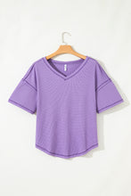 Purple Exposed Seam Half Sleeve Knitted V Neck Textured Top