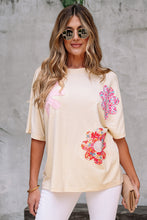 Apricot Flower Patched Exposed Stitching Trim Crew Neck Loose Tee