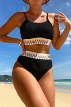 Black Textured Contrast Banding Bikini High Waist 2pcs Swimsuit