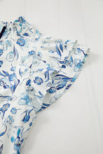 Sky Blue Floral Print Ruffled Short Sleeve Blouse