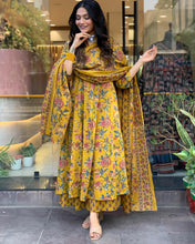 GoSriKi Women's Rayon Blend Anarkali Printed Kurta with Pant & Dupatta & Dupatta (CIA Yellow-GS_XL_Yellow_X-Large)