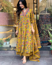 GoSriKi Women's Rayon Blend Anarkali Printed Kurta with Pant & Dupatta & Dupatta (CIA Yellow-GS_XL_Yellow_X-Large)